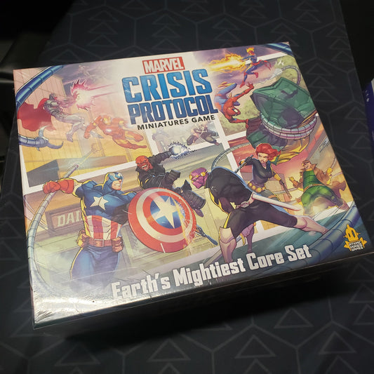 Image shows the front cover of the box for the Marvel Crisis Protocol: Earth's Mightiest Core Set board game
