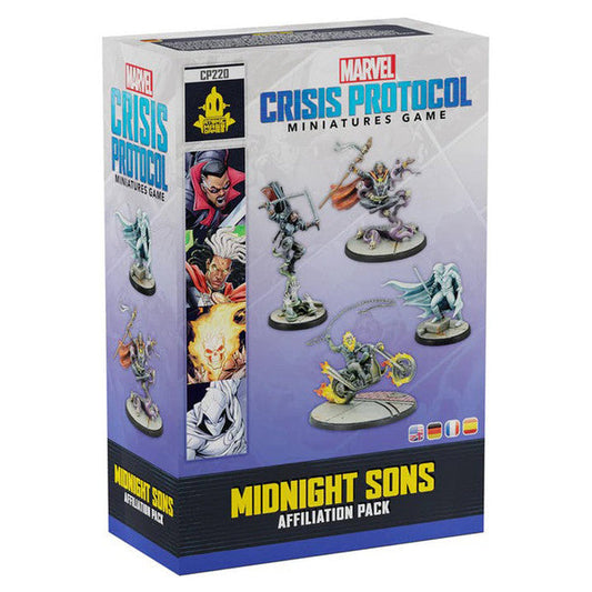 Image shows the front cover of the box of the Midnight Sons Affiliation pack for the miniatures game Marvel Crisis Protocol