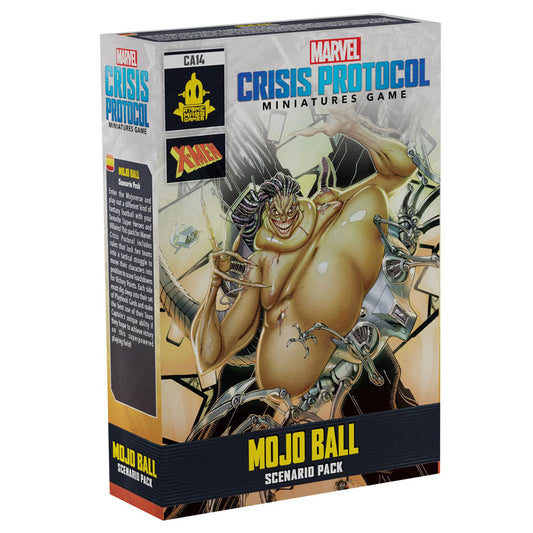 Image shows the front of the package for the Mojo Ball scenario pack for the Marvel Crisis Protocol miniatures game