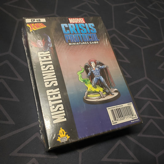 Image shows the front cover of the box of the Mr. Sinister pack for the miniatures game Marvel Crisis Protocol