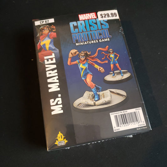 Image shows the front of the package for the Ms. Marvel character pack for the Marvel Crisis Protocol miniatures game