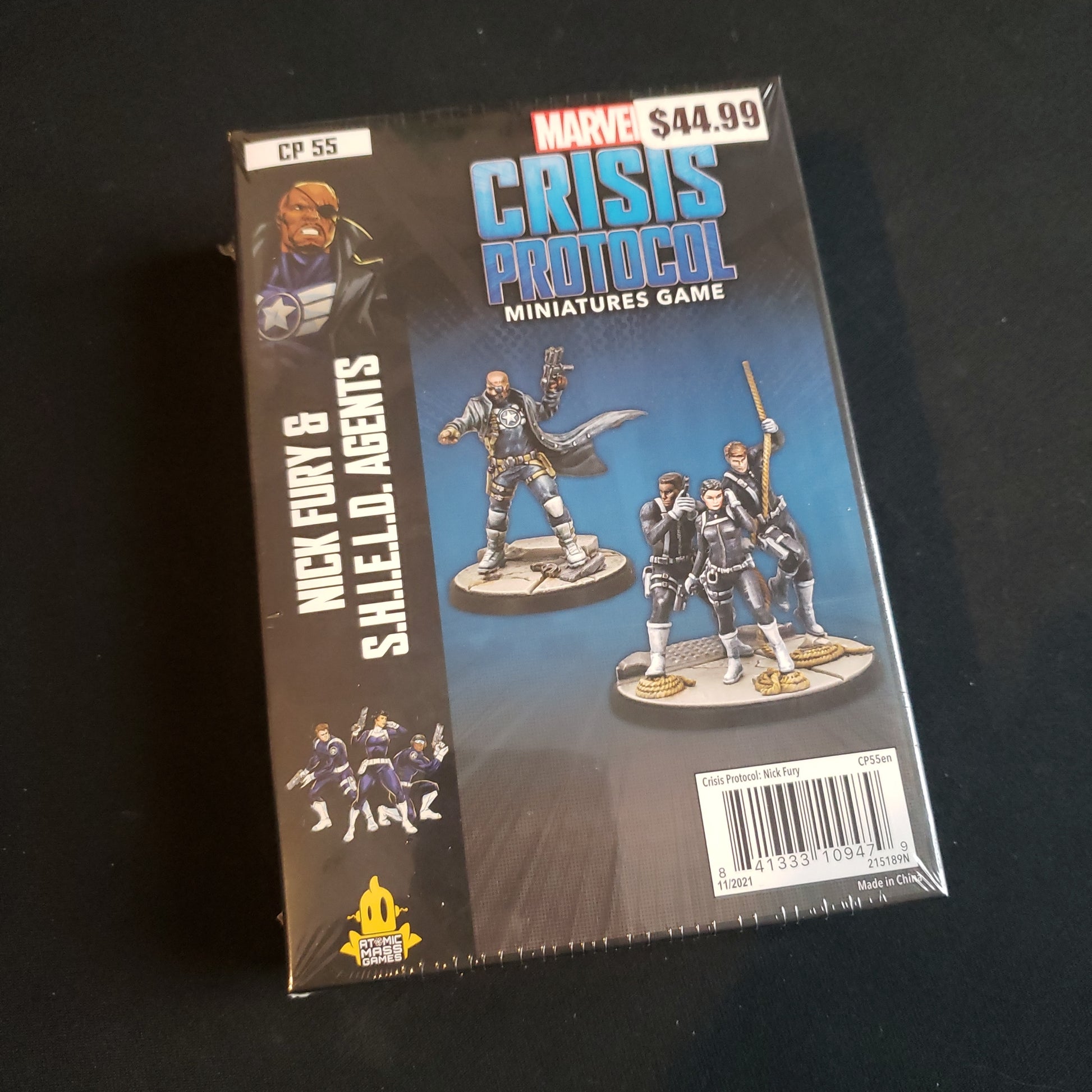 Image shows the front of the package for the Nick Fury & S.H.I.E.L.D. Agents character pack for the Marvel Crisis Protocol miniatures game