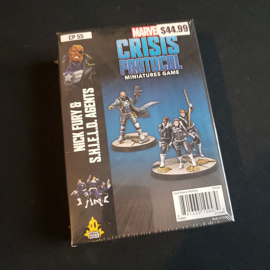 Image shows the front of the package for the Nick Fury & S.H.I.E.L.D. Agents character pack for the Marvel Crisis Protocol miniatures game