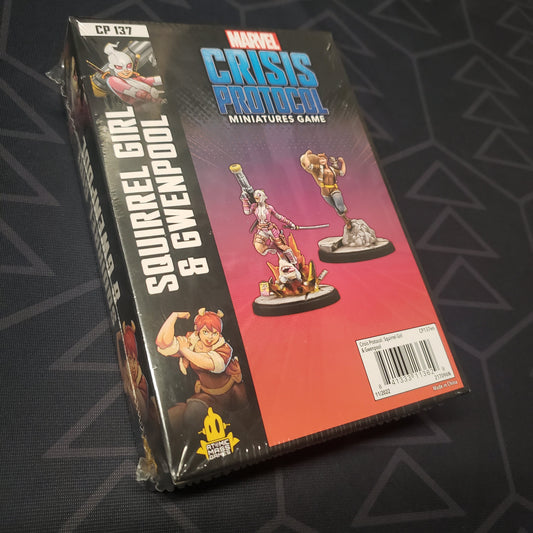Image shows the front cover of the box of the Squirrel Girl & Gwenpool pack for the miniatures game Marvel Crisis Protocol
