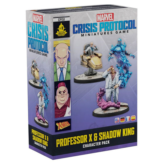 Image shows the front of the package for the Professor X & Shadow King character pack for the Marvel Crisis Protocol miniatures game