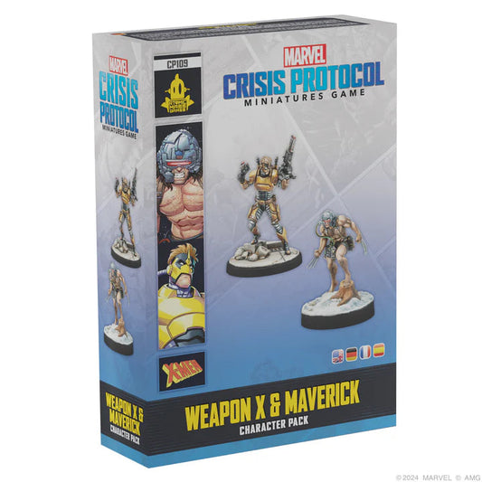 Image shows the front of the box of the Weapon X & Maverick character pack for the Marvel Crisis Protocol miniatures game