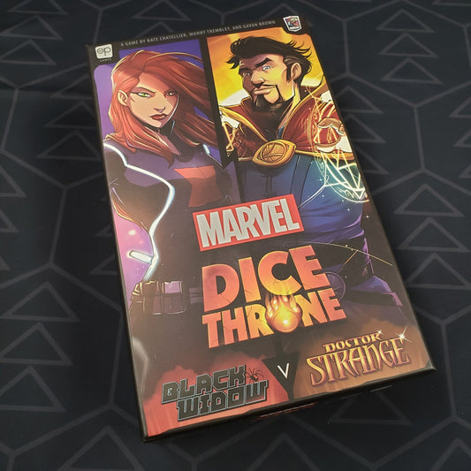 Image shows the front cover of the box of the Marvel Dice Throne: Black Widow v. Doctor Strange board game