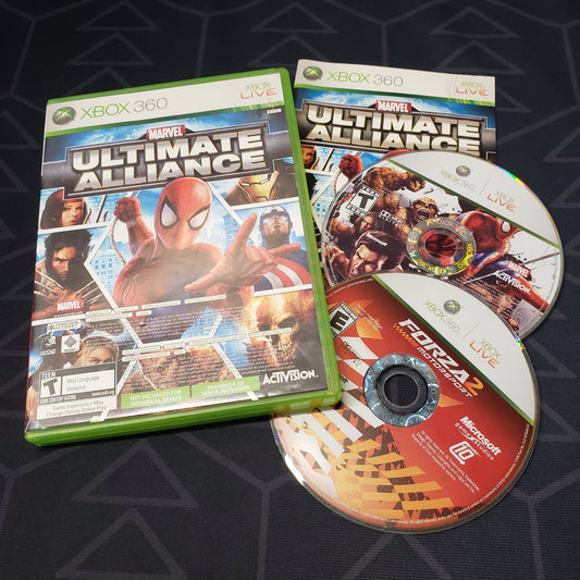 Image shows the case, one manual and two discs for the video game set Marvel Ultimate Alliance / Forza Motorsport 2 for Xbox 360