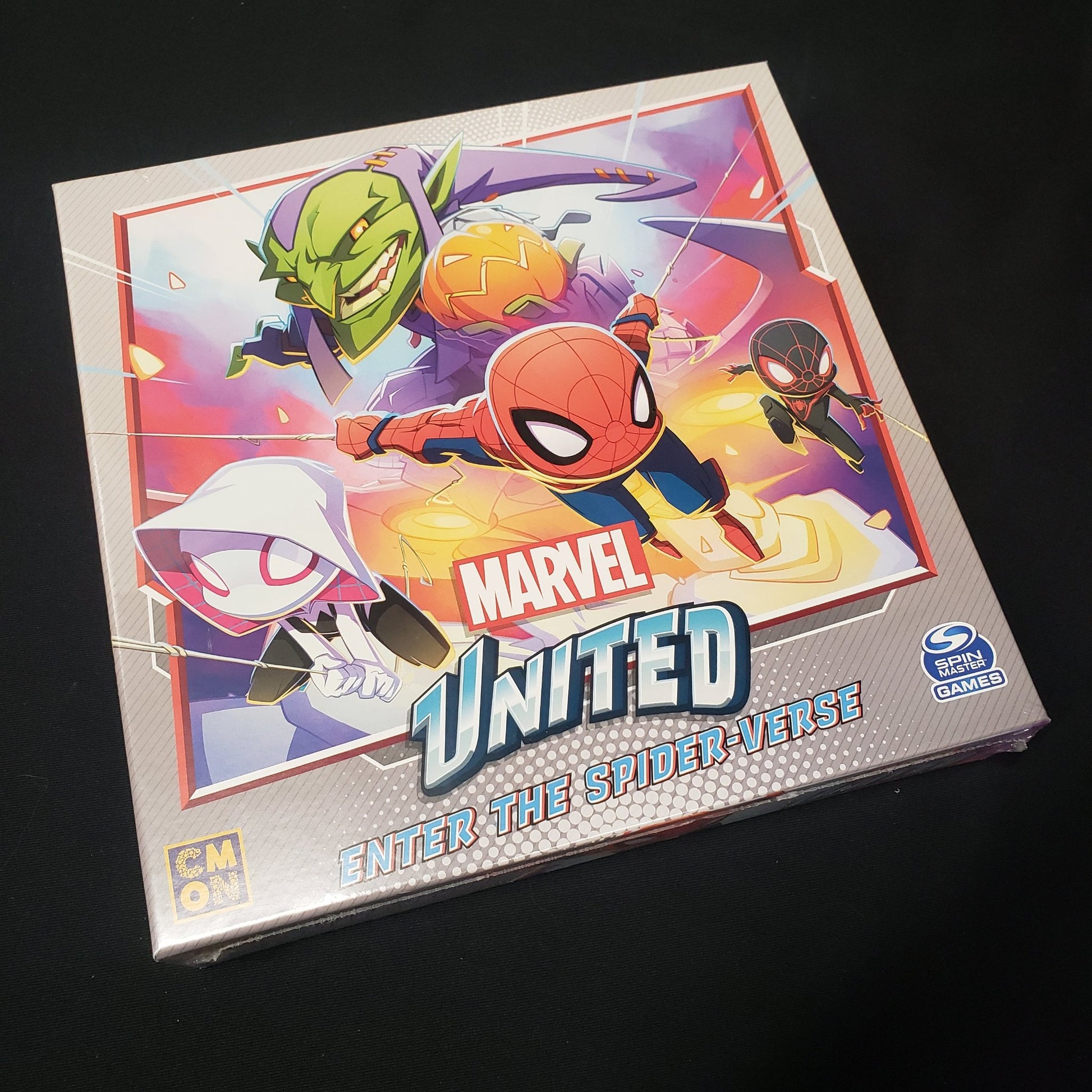 Image shows the front cover of the box for the Enter the Spider-verse expansion for the board game Marvel United