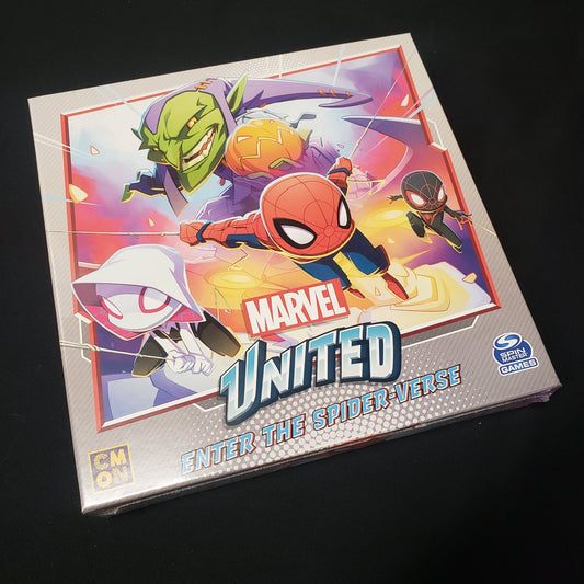 Image shows the front cover of the box for the Enter the Spider-verse expansion for the board game Marvel United