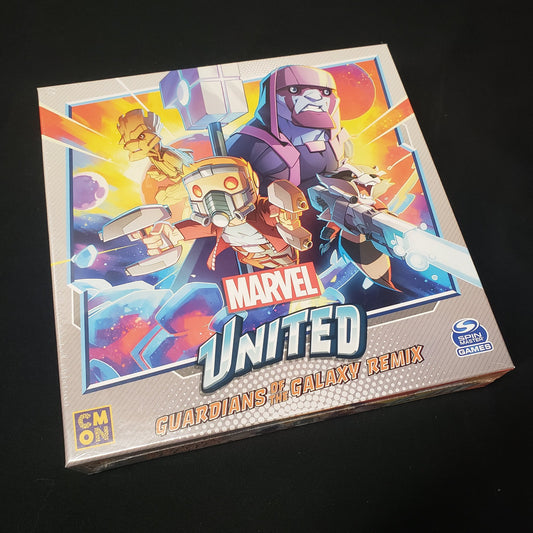 Image shows the front cover of the box for the Guardians of Galaxy REMIX expansion for the board game Marvel United