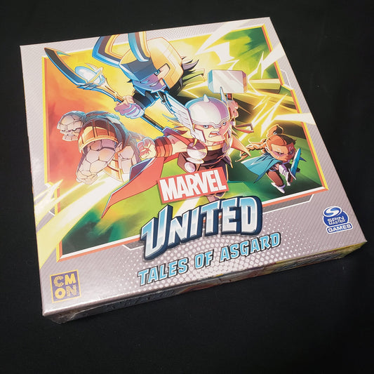 Image shows the front cover of the box for the Tales of Asgard expansion for the board game Marvel United