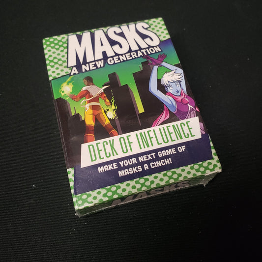Image shows the front cover of the box of the deck of Influence for the roleplaying game Masks: A New Generation