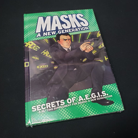 Image shows the front cover of the Secrets of A.E.G.I.S. book for the Masks: A New Generation roleplaying game