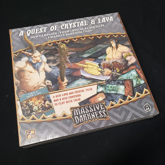 Image shows the front cover of the package of the Quest of Crystal & Lava expansion for the board game Massive Darkness