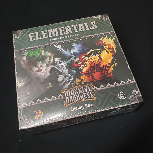 Image shows the front cover of the box of the Elementals Enemy Box expansion for the board game Massive Darkness