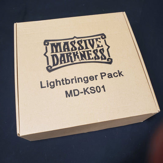 Image shows the front cover of the box of the Lightbringer Pack expansion for the board game Massive Darkness