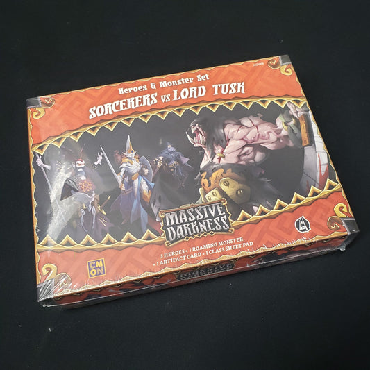 Image shows the front cover of the box of the Sorcerers vs Lord Tusk expansion for the board game Massive Darkness