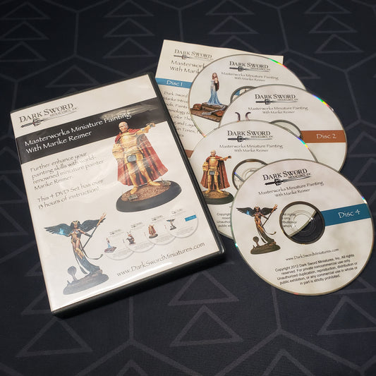 Image shows the case, insert & four discs for the instructional set Masterworks Miniature Painting with Marike Reimer on DVD