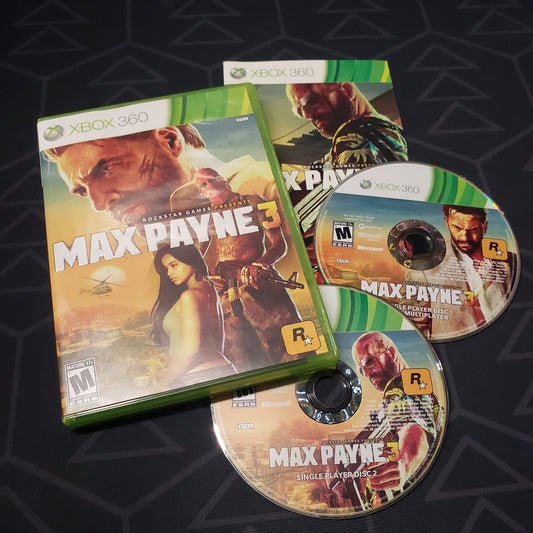 Image shows the case, manual and disc for the video game Max Payne 3 for Xbox 360