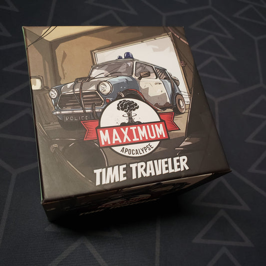 Image shows the front cover of the box of the Time Traveler expansion for the card game Maximum Apocalypse
