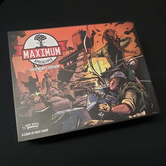 Image shows the front cover of the box for the Legendary Edition of the card game Maximum Apocalypse
