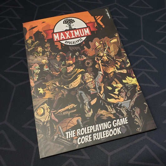Image shows the front cover of the Core Rulebook for the Maximum Apocalypse roleplaying game