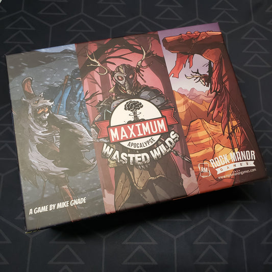 Image shows the front cover of the box for the card game Maximum Apocalypse: Wasted Wilds