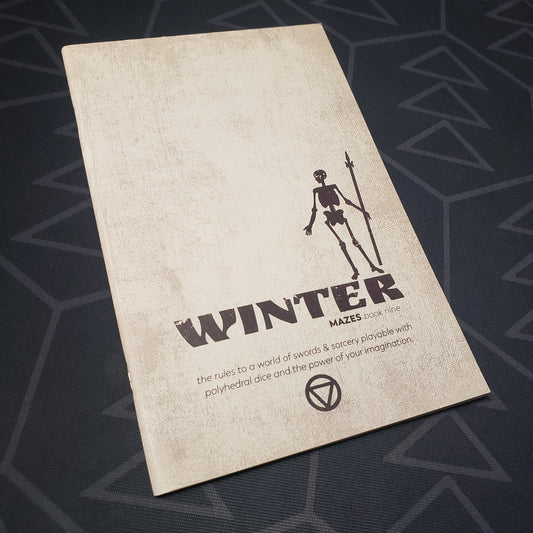 Image shows the front cover of the Book Nine: Winter zine for the roleplaying game Mazes