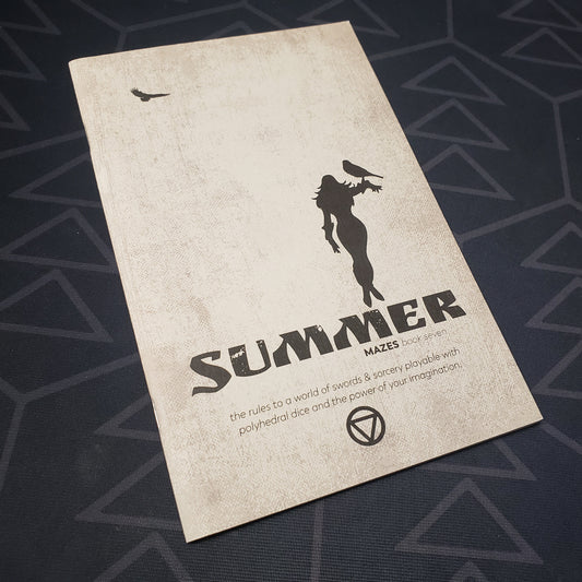 Image shows the front cover of the Book Seven: Summer zine for the roleplaying game Mazes