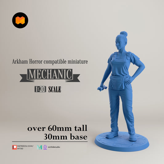 Image shows a 3D render of a 1920s era mechanic gaming miniature.