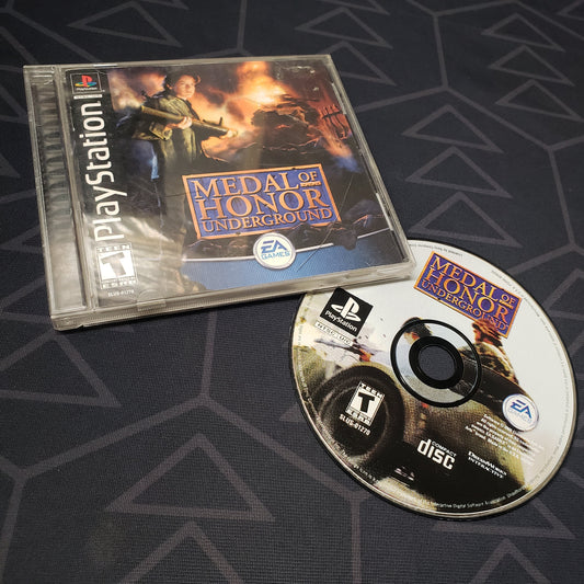 Image shows the jewel case with manual and disc for the video game Medal of Honor: Underground for Playstation 1
