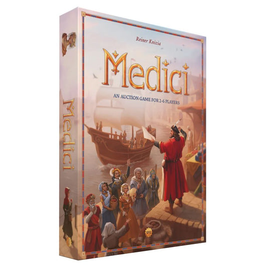 Image shows the front cover of the box of the Medici board game