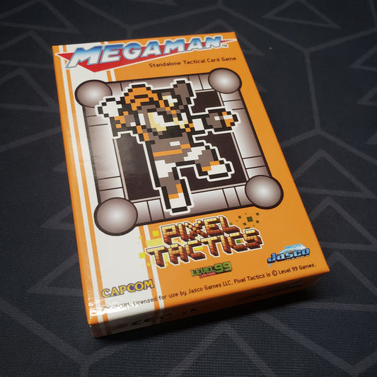 Image shows the front cover of the box for the Mega Man Pixel Tactics: Bass Orange card game