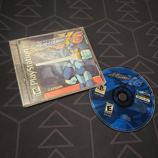 Image shows the jewel case with manual and disc for the video game Mega Man X6 for Playstation 1