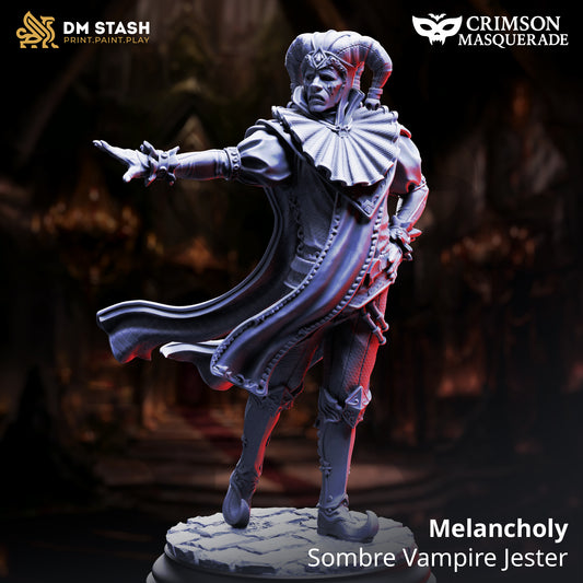 Image shows a 3D render of a masked vampire jester gaming miniature.
