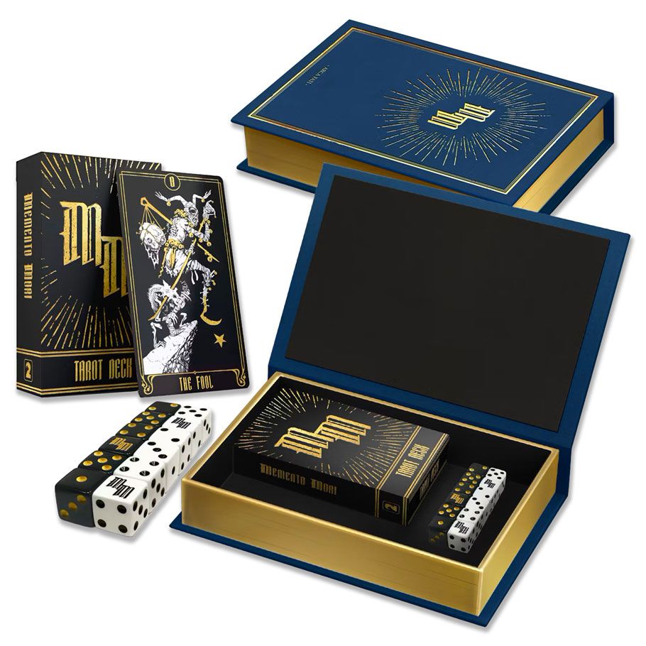 Image shows the card and dice set displayed for the roleplaying game Memento Mori