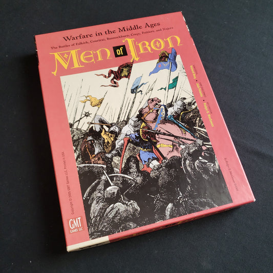 Image shows the front cover of the box of the Men of Iron board game
