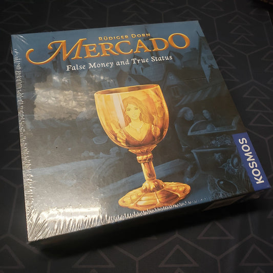 Image shows the front cover of the box of the Mercado board game