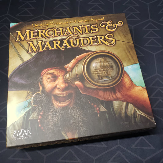 Image shows the front cover of the box for the Merchants & Marauders board game