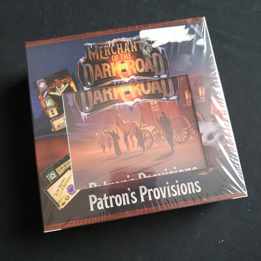 Image shows the front cover of the box of the Patron's Provision's expansion for the board game Merchants Of The Dark Road