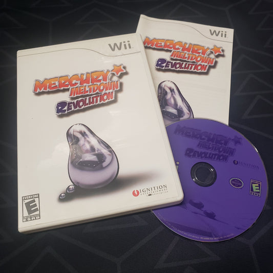 Image shows the case, manual and disc for the video game Mercury Meltdown Revolution for Nintendo Wii