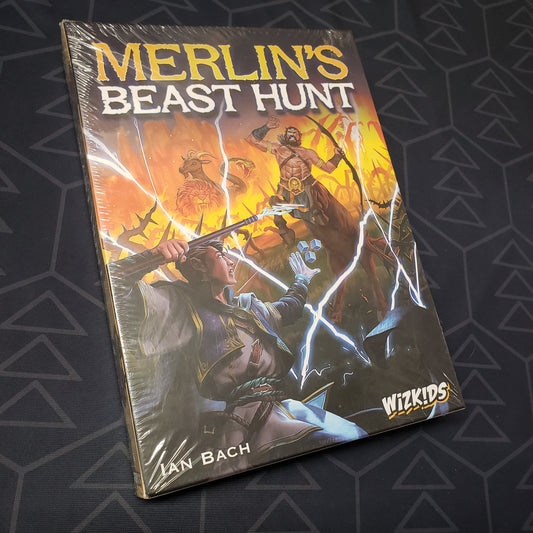 Image shows the front cover of the box for the Merlin's Beast Hunt board game
