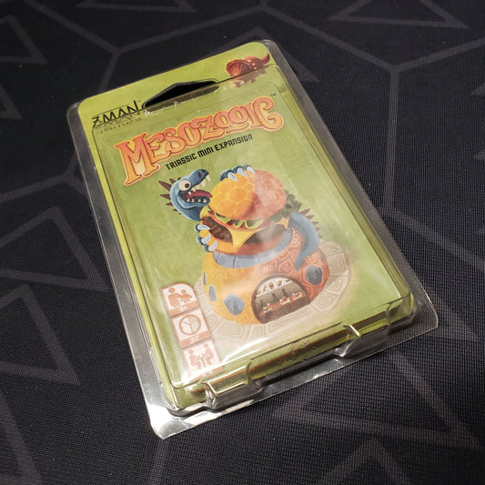 Image shows the front of the package of the Triassic Mini Expansion for the card game Mesozooic