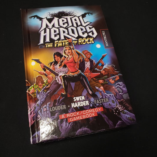 Image shows the front cover of the Metal Heroes and The Fate of Rock roleplaying game book