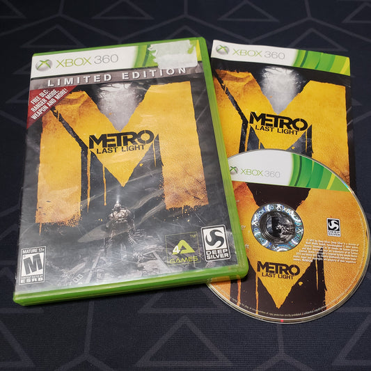 Image shows the case, manual & disc for the video game Metro: Last Light for Xbox 360