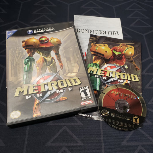 Image shows the case, manual and disc for the video game Metroid Prime for Nintendo GameCube
