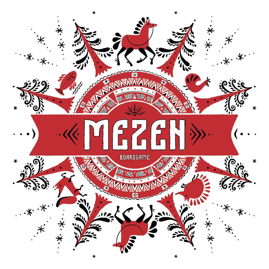 Image shows the front cover of the box of the Mezen board game