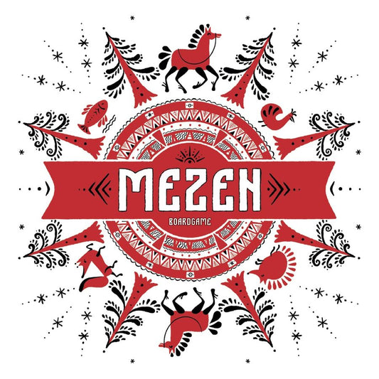 Image shows the front cover of the box of the Mezen board game