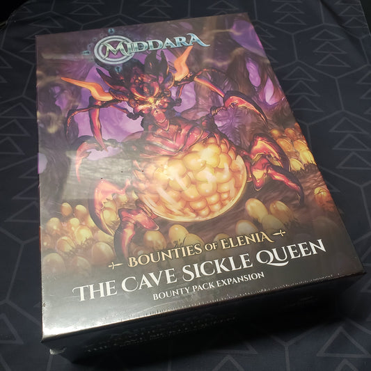 Image shows the front cover of the box of the Bounties of Elenia: The Cave Sickle Queen Bounty Pack expansion for the board game Middara